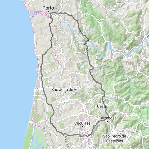 Miniatura do mapa de inspiração para ciclismo "Volta Longa pelos Vales" em Norte, Portugal. Gerado pelo planejador de rotas de ciclismo Tarmacs.app