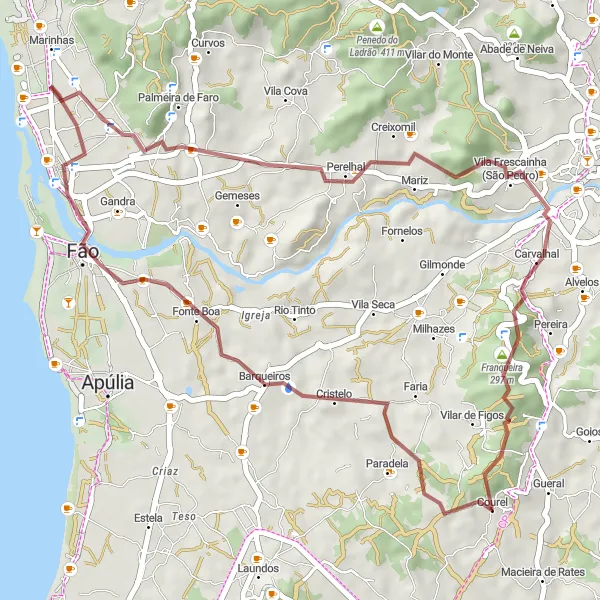Miniatura do mapa de inspiração para ciclismo "Circuito de Gravel Barqueiros-Franqueira" em Norte, Portugal. Gerado pelo planejador de rotas de ciclismo Tarmacs.app