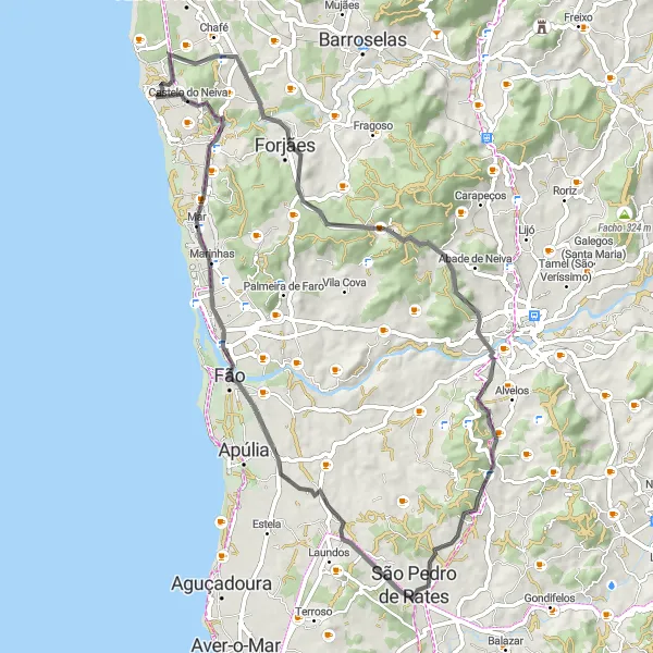 Miniatura do mapa de inspiração para ciclismo "Rota Costeira e Rural" em Norte, Portugal. Gerado pelo planejador de rotas de ciclismo Tarmacs.app