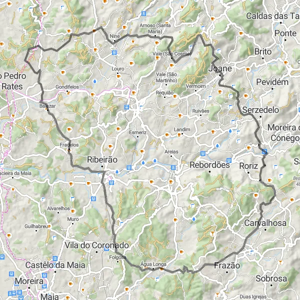 Miniatura do mapa de inspiração para ciclismo "Travessia de Estrada por Macieira de Rates" em Norte, Portugal. Gerado pelo planejador de rotas de ciclismo Tarmacs.app