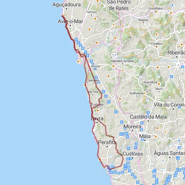 Map miniature of "Oceanic Coastal Gravel Adventure" cycling inspiration in Norte, Portugal. Generated by Tarmacs.app cycling route planner