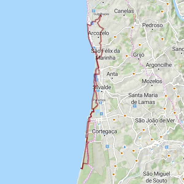 Miniatura do mapa de inspiração para ciclismo "Rota Off-road com belas paisagens costeiras" em Norte, Portugal. Gerado pelo planejador de rotas de ciclismo Tarmacs.app