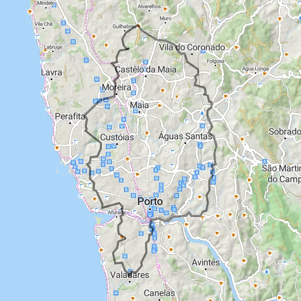 Miniatura do mapa de inspiração para ciclismo "Jornada Cênica pela Costa Atlântica" em Norte, Portugal. Gerado pelo planejador de rotas de ciclismo Tarmacs.app