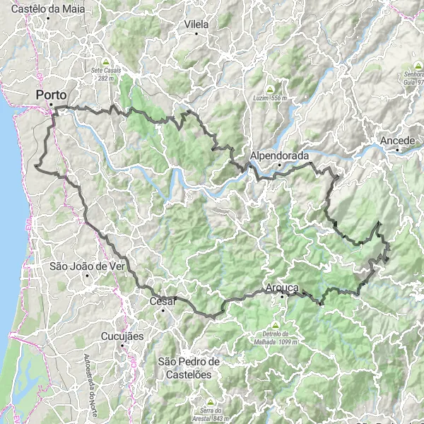 Miniatura do mapa de inspiração para ciclismo "Desafio Épico Norte-Sul" em Norte, Portugal. Gerado pelo planejador de rotas de ciclismo Tarmacs.app