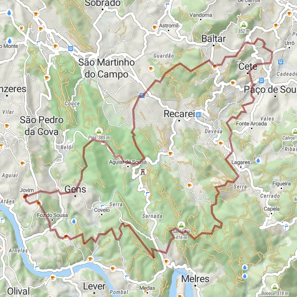 Miniatura do mapa de inspiração para ciclismo "Percurso de BTT Jovim - Foz do Sousa" em Norte, Portugal. Gerado pelo planejador de rotas de ciclismo Tarmacs.app
