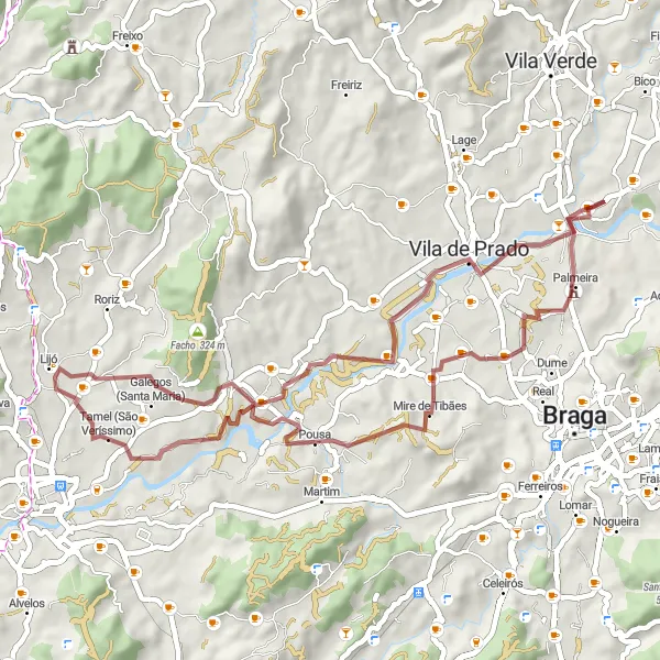 Miniatura do mapa de inspiração para ciclismo "Rota dos Pelourinhos Antigos" em Norte, Portugal. Gerado pelo planejador de rotas de ciclismo Tarmacs.app