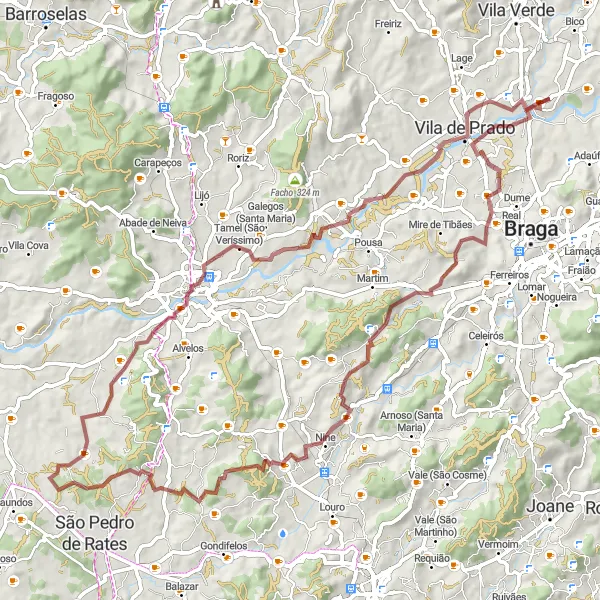 Miniatura do mapa de inspiração para ciclismo "Aventura Gravel por Lago e Arredores" em Norte, Portugal. Gerado pelo planejador de rotas de ciclismo Tarmacs.app