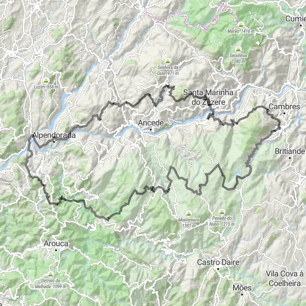 Miniatura do mapa de inspiração para ciclismo "Desafio Road através das Montanhas de Baião" em Norte, Portugal. Gerado pelo planejador de rotas de ciclismo Tarmacs.app