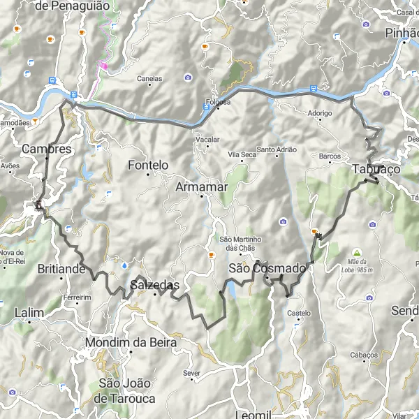 Map miniature of "Road Cycling Adventure near Lamego" cycling inspiration in Norte, Portugal. Generated by Tarmacs.app cycling route planner