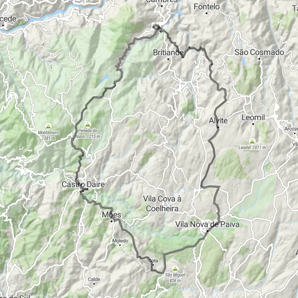 Miniatura do mapa de inspiração para ciclismo "Rota dos Mosteiros e Castelos" em Norte, Portugal. Gerado pelo planejador de rotas de ciclismo Tarmacs.app