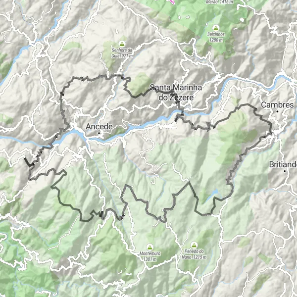 Miniatura do mapa de inspiração para ciclismo "Desafio nas Montanhas do Douro" em Norte, Portugal. Gerado pelo planejador de rotas de ciclismo Tarmacs.app