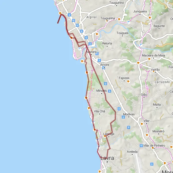 Miniatura do mapa de inspiração para ciclismo "Rota Gravel pela Reserva Ornitológica de Mindelo" em Norte, Portugal. Gerado pelo planejador de rotas de ciclismo Tarmacs.app