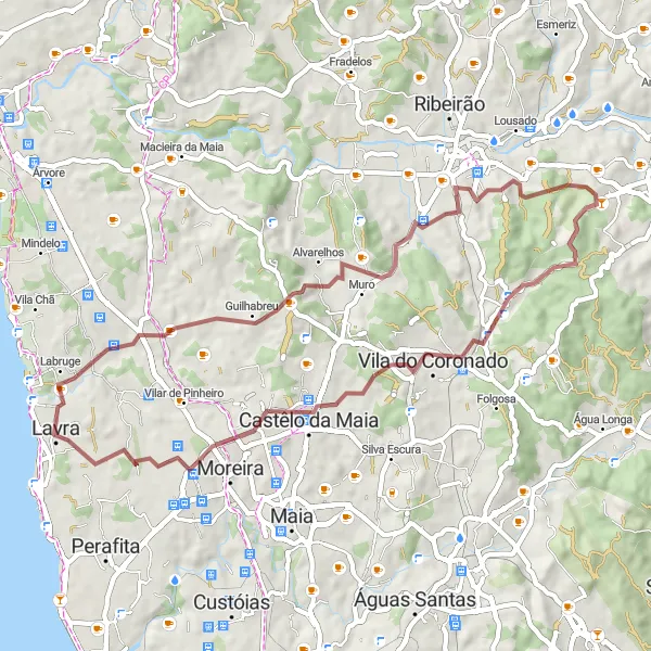 Miniatura do mapa de inspiração para ciclismo "Desafio Gravel por Trofa e Avioso" em Norte, Portugal. Gerado pelo planejador de rotas de ciclismo Tarmacs.app
