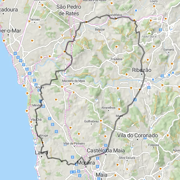 Miniatura do mapa de inspiração para ciclismo "Caminho pelos Vilarejos Costeiros" em Norte, Portugal. Gerado pelo planejador de rotas de ciclismo Tarmacs.app