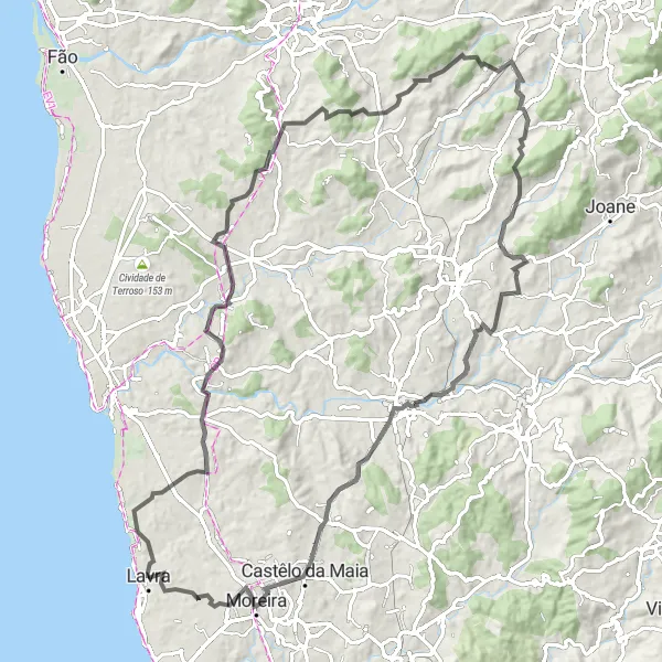 Miniatura do mapa de inspiração para ciclismo "Desafio pelas Colinas do Norte" em Norte, Portugal. Gerado pelo planejador de rotas de ciclismo Tarmacs.app