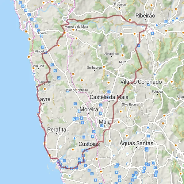 Map miniature of "Leça da Palmeira to Matosinhos (Gravel)" cycling inspiration in Norte, Portugal. Generated by Tarmacs.app cycling route planner