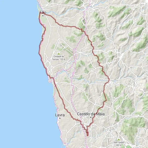 Miniatura do mapa de inspiração para ciclismo "Rota das Aldeias Costeiras" em Norte, Portugal. Gerado pelo planejador de rotas de ciclismo Tarmacs.app