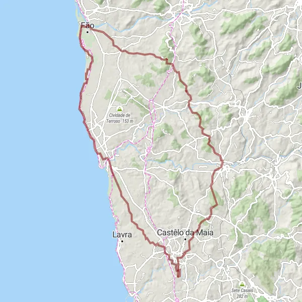 Map miniature of "Moreira and Pelourinho de Vila do Conde" cycling inspiration in Norte, Portugal. Generated by Tarmacs.app cycling route planner