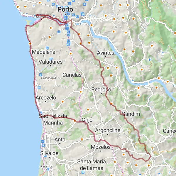 Miniatura do mapa de inspiração para ciclismo "Desafio Gravel pelo Litoral de Gaia" em Norte, Portugal. Gerado pelo planejador de rotas de ciclismo Tarmacs.app