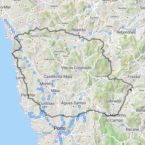 Miniatura do mapa de inspiração para ciclismo "Caminho Costeiro até Vila Chã" em Norte, Portugal. Gerado pelo planejador de rotas de ciclismo Tarmacs.app