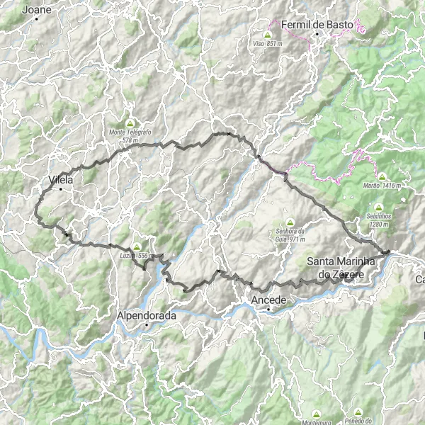Miniatura do mapa de inspiração para ciclismo "Desafio das Montanhas até São Silvestre" em Norte, Portugal. Gerado pelo planejador de rotas de ciclismo Tarmacs.app