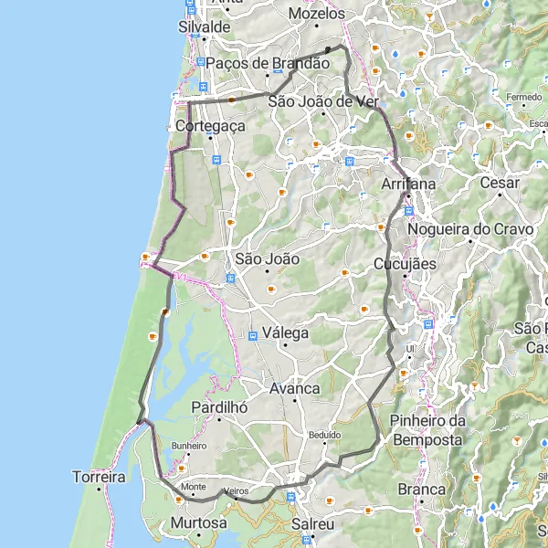 Miniatura do mapa de inspiração para ciclismo "Exploração Rural até Veiros" em Norte, Portugal. Gerado pelo planejador de rotas de ciclismo Tarmacs.app