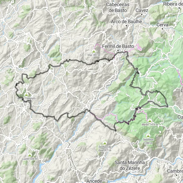 Miniatura do mapa de inspiração para ciclismo "Desafio Montanhoso" em Norte, Portugal. Gerado pelo planejador de rotas de ciclismo Tarmacs.app