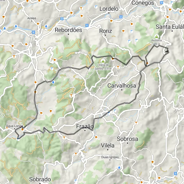 Miniatura do mapa de inspiração para ciclismo "Aventura em Paços de Ferreira" em Norte, Portugal. Gerado pelo planejador de rotas de ciclismo Tarmacs.app