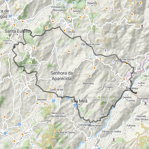 Miniatura do mapa de inspiração para ciclismo "Caminho dos Rios e Montanhas" em Norte, Portugal. Gerado pelo planejador de rotas de ciclismo Tarmacs.app