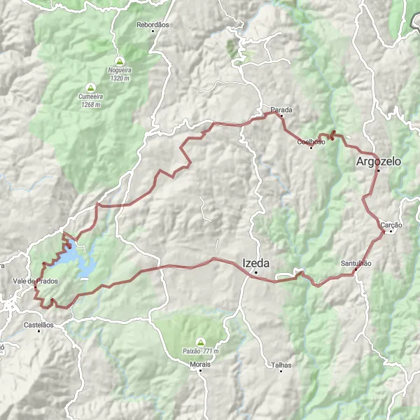 Miniatura do mapa de inspiração para ciclismo "Caminho tranquilo de bicicleta pelas estradas de cascalho" em Norte, Portugal. Gerado pelo planejador de rotas de ciclismo Tarmacs.app