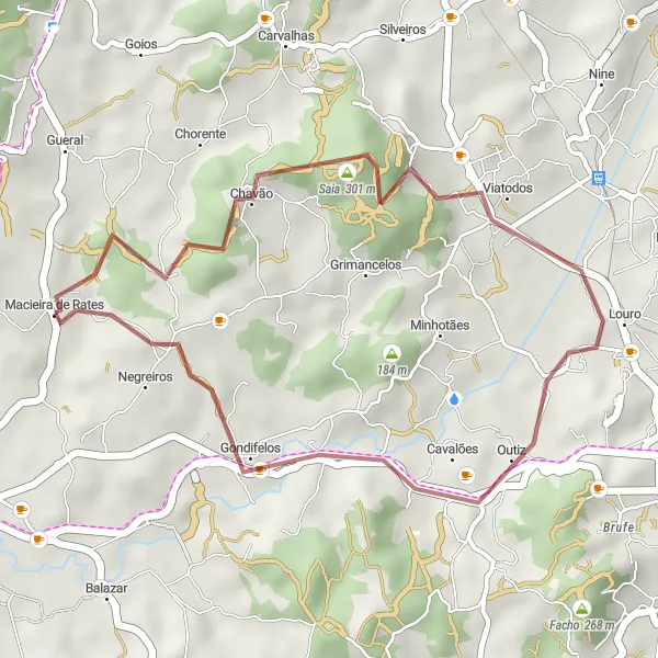 Miniatura do mapa de inspiração para ciclismo "Rota Gravel Macieira de Rates" em Norte, Portugal. Gerado pelo planejador de rotas de ciclismo Tarmacs.app