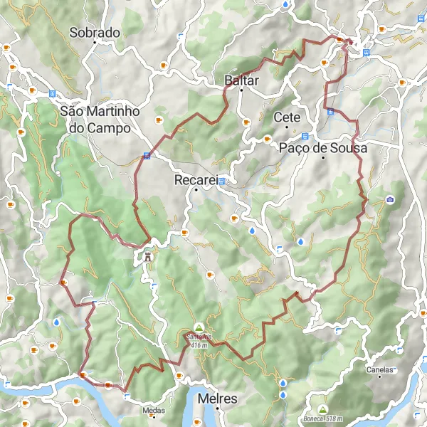 Map miniature of "Gravel Adventure through Paredes and Surrounding Hills" cycling inspiration in Norte, Portugal. Generated by Tarmacs.app cycling route planner