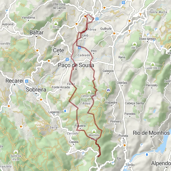 Miniatura do mapa de inspiração para ciclismo "Exploração Gravel dos Vilarejos de Paredes" em Norte, Portugal. Gerado pelo planejador de rotas de ciclismo Tarmacs.app