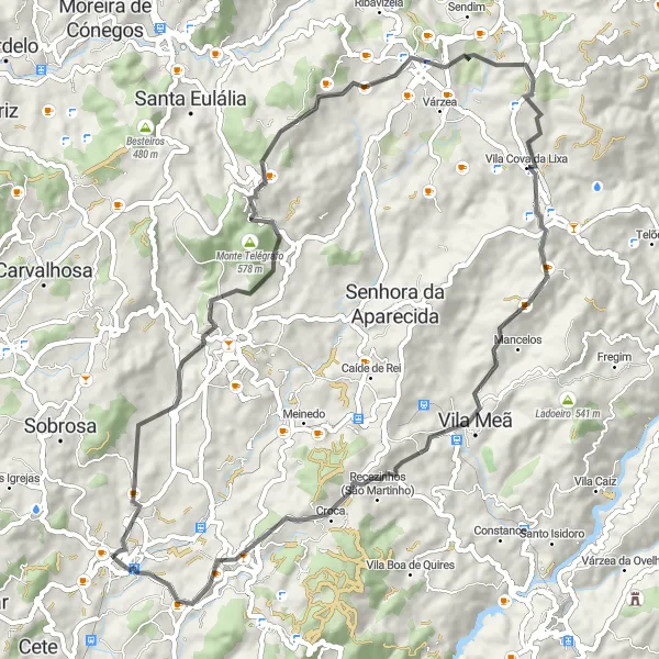 Miniatura do mapa de inspiração para ciclismo "Rota Rodoviária pelos Vilarejos de Paredes" em Norte, Portugal. Gerado pelo planejador de rotas de ciclismo Tarmacs.app