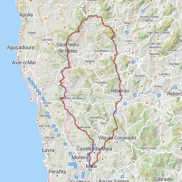Miniatura do mapa de inspiração para ciclismo "Expedição de Gravel Guilhabreu-São Pedro de Rates" em Norte, Portugal. Gerado pelo planejador de rotas de ciclismo Tarmacs.app