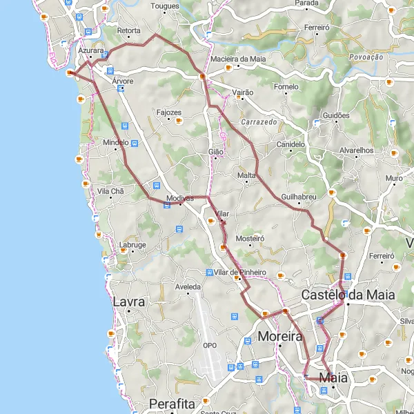 Map miniature of "Coastal Gravel Loop" cycling inspiration in Norte, Portugal. Generated by Tarmacs.app cycling route planner