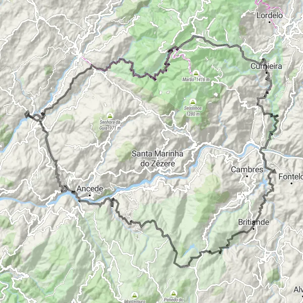 Map miniature of "The Majestic Douro Valley" cycling inspiration in Norte, Portugal. Generated by Tarmacs.app cycling route planner