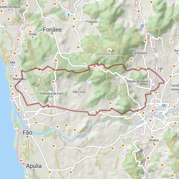 Miniatura do mapa de inspiração para ciclismo "Rota dos Miradouros e Praias" em Norte, Portugal. Gerado pelo planejador de rotas de ciclismo Tarmacs.app