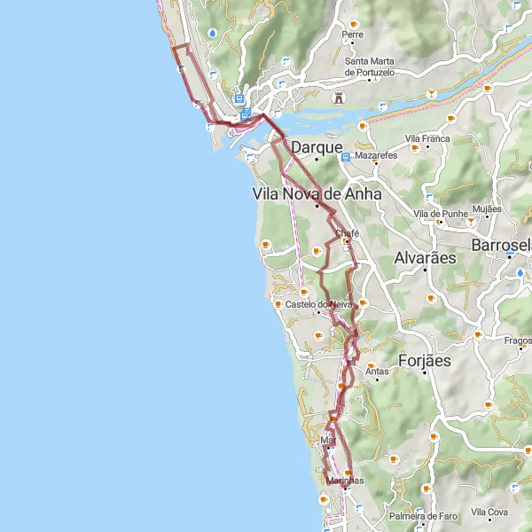 Miniatura do mapa de inspiração para ciclismo "Rota de Gravel Marinhas - Mar" em Norte, Portugal. Gerado pelo planejador de rotas de ciclismo Tarmacs.app