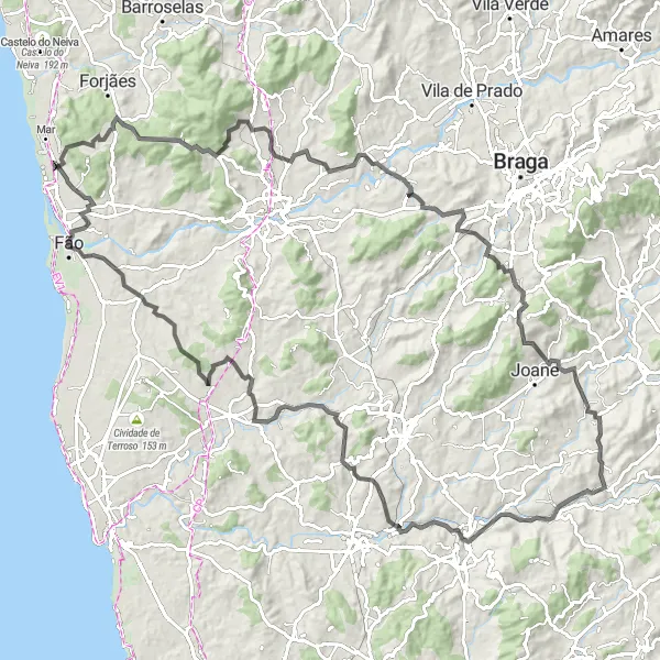 Miniatura do mapa de inspiração para ciclismo "Rota de Estrada Vila Chã - Pinhote" em Norte, Portugal. Gerado pelo planejador de rotas de ciclismo Tarmacs.app