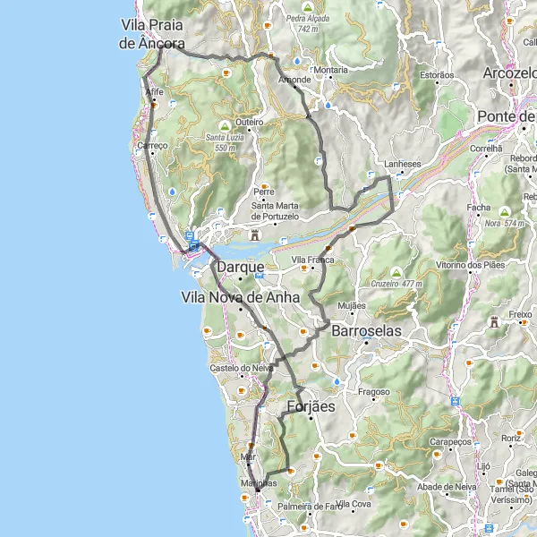 Miniatura do mapa de inspiração para ciclismo "Rota de Estrada Marinhas - Guilheta" em Norte, Portugal. Gerado pelo planejador de rotas de ciclismo Tarmacs.app