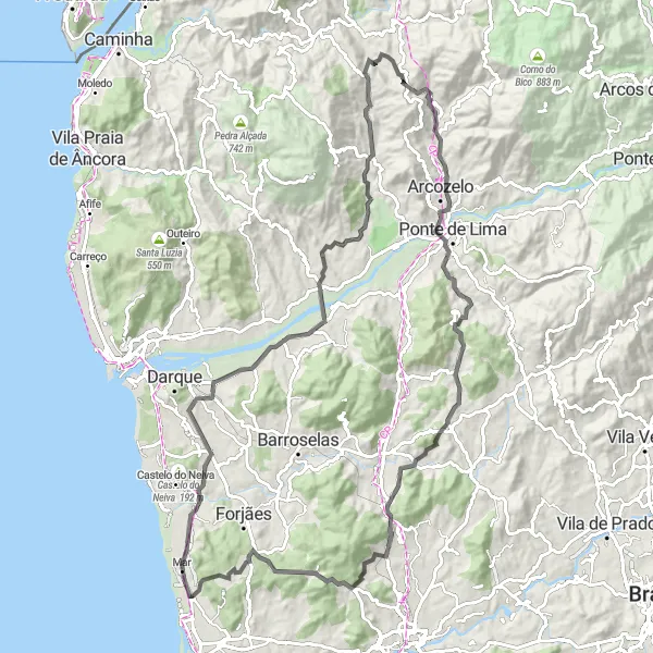 Miniatura do mapa de inspiração para ciclismo "Rota das Aldeias do Minho" em Norte, Portugal. Gerado pelo planejador de rotas de ciclismo Tarmacs.app