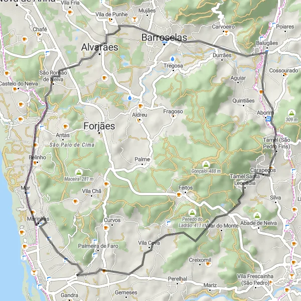 Miniatura do mapa de inspiração para ciclismo "Rota dos Caminhos Rurais de Barroselas" em Norte, Portugal. Gerado pelo planejador de rotas de ciclismo Tarmacs.app