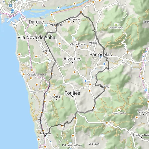 Miniatura do mapa de inspiração para ciclismo "Rota das Aldeias da Costa Verde" em Norte, Portugal. Gerado pelo planejador de rotas de ciclismo Tarmacs.app