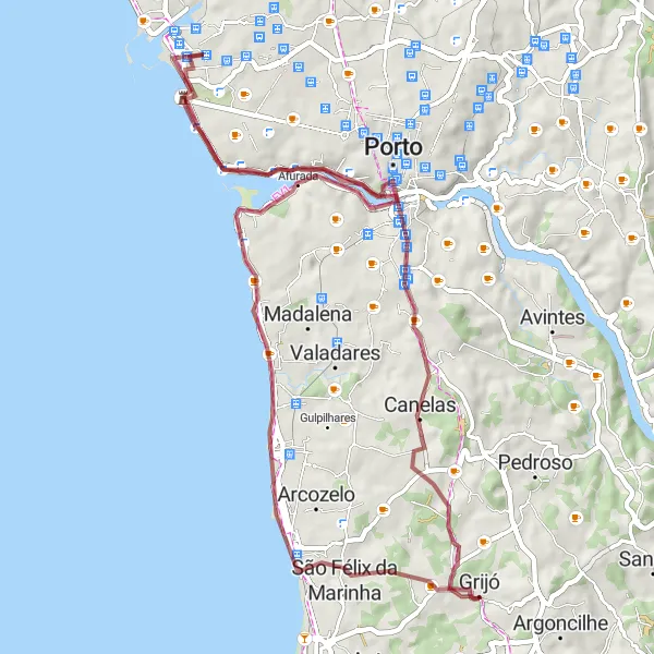 Miniatura do mapa de inspiração para ciclismo "Experiência Gravel pela Costa" em Norte, Portugal. Gerado pelo planejador de rotas de ciclismo Tarmacs.app