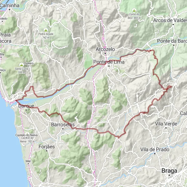 Miniatura do mapa de inspiração para ciclismo "Aventura Gravel em Meadela" em Norte, Portugal. Gerado pelo planejador de rotas de ciclismo Tarmacs.app