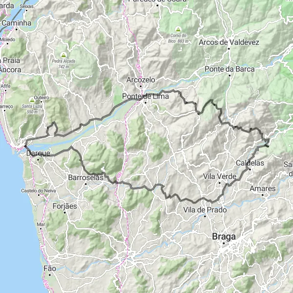 Miniatura do mapa de inspiração para ciclismo "Desafio Épico em Meadela" em Norte, Portugal. Gerado pelo planejador de rotas de ciclismo Tarmacs.app
