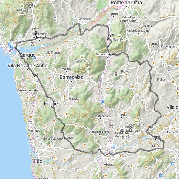 Miniatura do mapa de inspiração para ciclismo "Rota dos Destaques de Meadela" em Norte, Portugal. Gerado pelo planejador de rotas de ciclismo Tarmacs.app