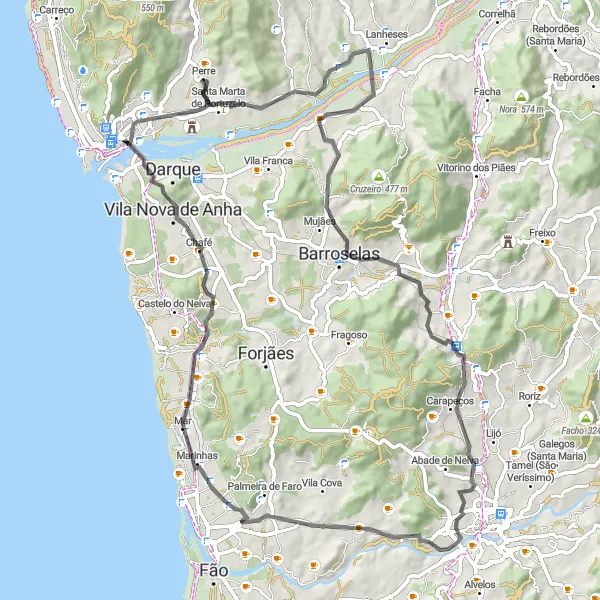 Miniatura do mapa de inspiração para ciclismo "Rota cénica até Perre" em Norte, Portugal. Gerado pelo planejador de rotas de ciclismo Tarmacs.app