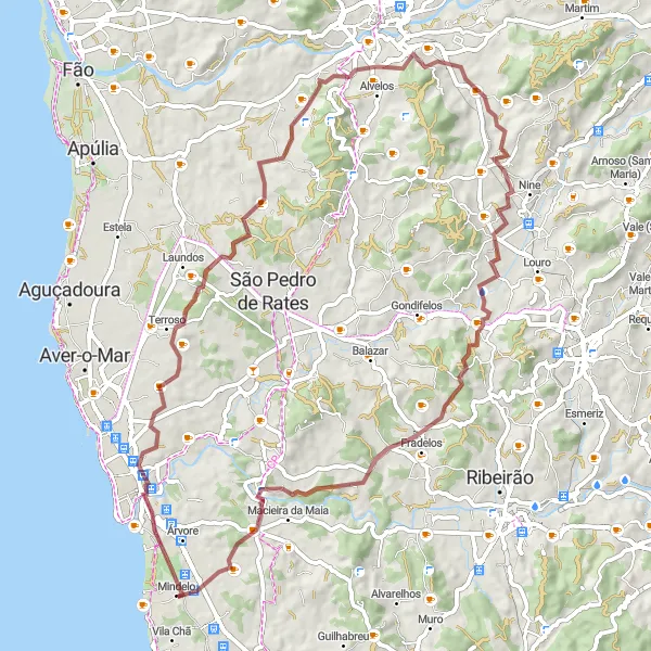 Miniatura do mapa de inspiração para ciclismo "Aventure-se pelos Trilhos de Várzea e Mindelo" em Norte, Portugal. Gerado pelo planejador de rotas de ciclismo Tarmacs.app